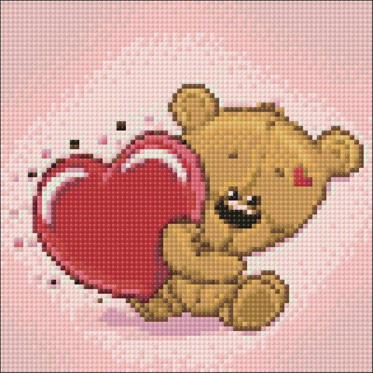 Little Bear's Heart WD2299 diamond painting kit featuring a 7.9x7.9 inch self-adhesive canvas, colorful square acrylic diamonds, and crafting tools.